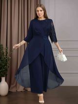 2 Pieces A-Line/Princess Round Neck 3/4 Length Sleeves Ankle-Length Plus Size Mother of the Bride Pantsuits with Ruffles, 3D Flower & Lace Appliques