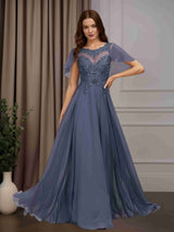 A-Line/Princess Round Neck Cap Sleeves Floor-Length Mother of the Bride Dresses with Sequins & Lace Appliques