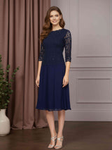 2 Pieces A-Line/Princess Round Neck Half Sleeves Tea-Length Mother Of The Bride Dresses With Sequins & Lace Appliques