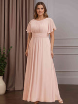 A-Line/Princess Round Neck Short Sleeves Ankle-Length Plus Size Mother of the Bride Dresses with Ruffles