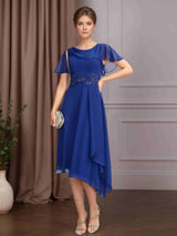 A-Line/Princess Round Neck Short Sleeves Asymmetrical Mother of the Bride Dresses with Appliques