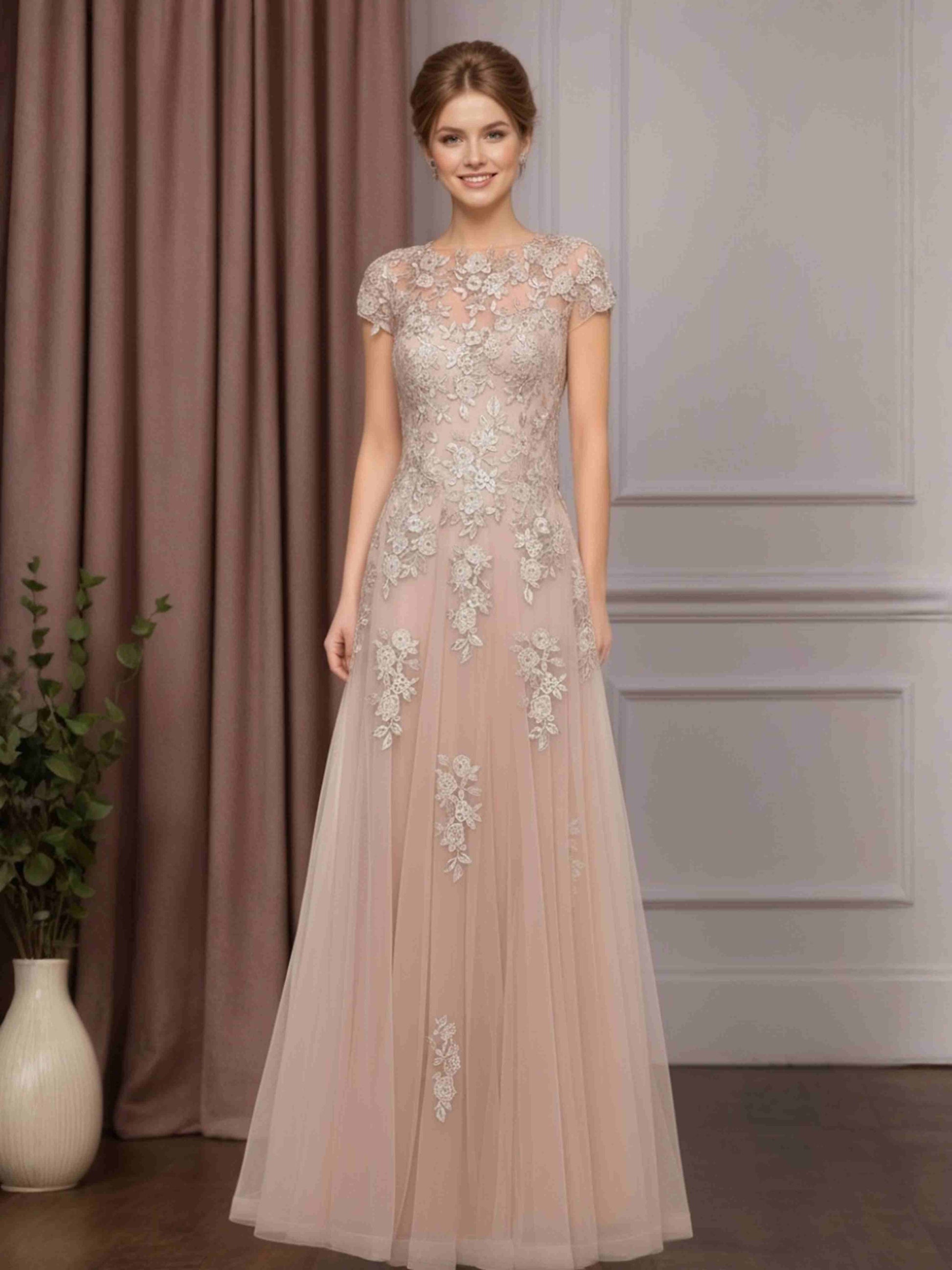 short mother of the bride dresses with sleeves A-Line/Princess Round Neck Short Sleeves Floor-Length Mother of the Br – mollyevers.com