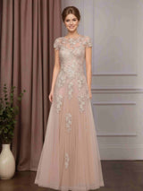 A-Line/Princess Round Neck Short Sleeves Floor-Length Mother of the Bride Dresses with Lace Appliques