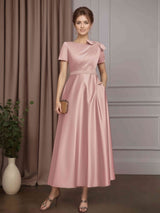 A-Line/Princess Round Neck Short Sleeves Tea-Length Mother of the Bride Dresses with Pocket, Beaded & Bowknot