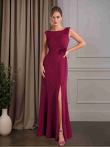 A-Line/Princess Round Neck Sleeveless Floor-Length Mother of the Bride Dresses with Split Side & 3D Flower