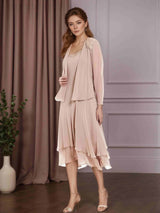 A-Line/Princess Round Neck Sleeveless Tea-Length Mother Of The Bride Dresses With Jacket & Appliques