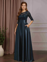 A-Line/Princess Scoop Neck 3/4 Length Sleeves Floor-Length Mother of the Bride Dresses with Lace Appliques