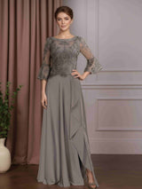 A-Line/Princess Scoop Neck 3/4 Length Sleeves Floor-Length Mother of the Bride Dresses with Split Side & Lace Appliques