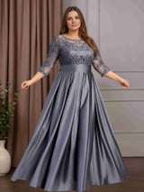 A-Line/Princess Scoop Neck 3/4 Length Sleeves Plus Size Floor-Length Mother of the Bride Dresses with Lace Appliques