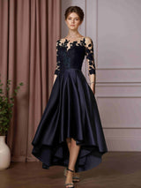A-Line/Princess Scoop Neck 3/4 Length Sleeves Asymmetrical Mother of the Bride Dresses with Lace Appliques