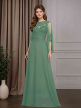 A-Line/Princess Scoop Neck Half Flutter Sleeves Floor-Length Mother of the Bride Dresses with Lace Appliques