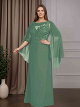 A-Line/Princess Scoop Neck Half Flutter Sleeves Floor-Length Plus Size Mother of the Bride Dresses with Lace Appliques