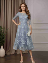 A-Line/Princess Scoop Neck Half Sleeves Tea-Length Mother of the Bride Dresses With Lace Appliques
