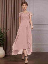 A-Line/Princess Scoop Neck Short Sleeves Asymmetrical Mother of the Bride Dresses with Lace Appliques