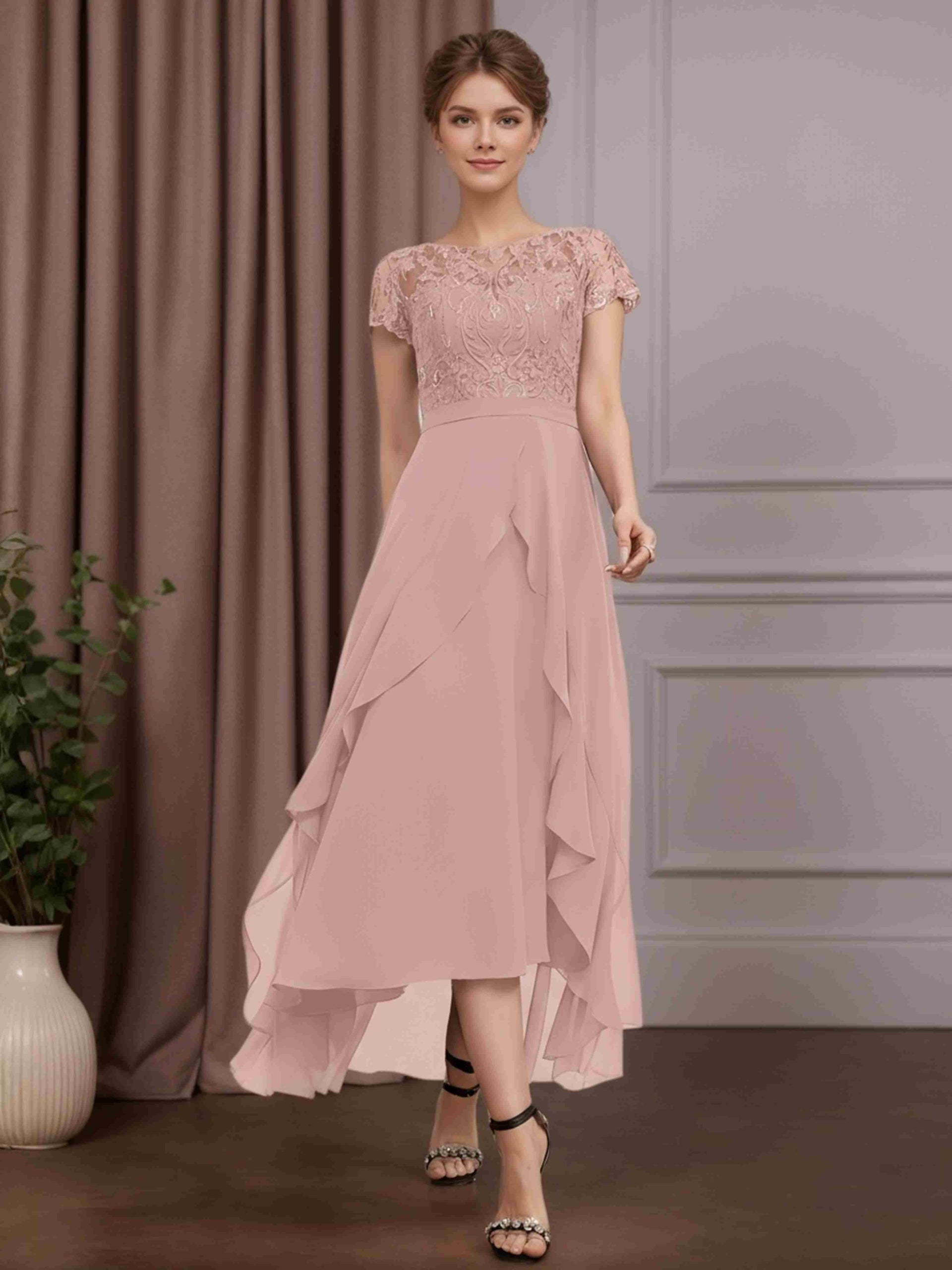 A-Line/Princess Scoop Neck Short Sleeves Asymmetrical Mother of the Bride  Dresses with Lace Appliques