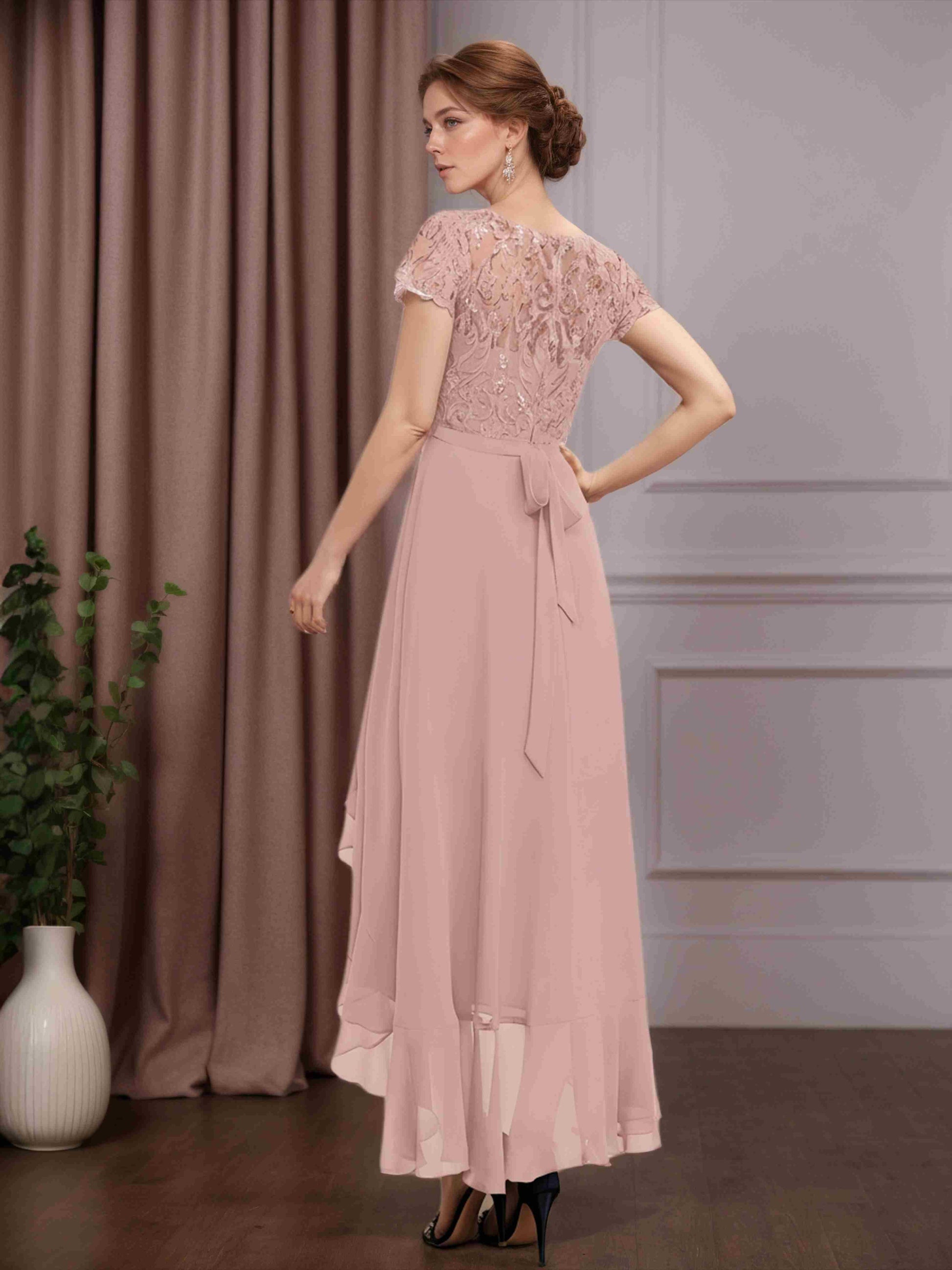 A-Line/Princess Scoop Neck Short Sleeves Asymmetrical Mother of the Br –  mollyevers.com