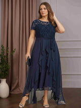 A-Line/Princess Scoop Neck Short Sleeves Asymmetrical Plus Size Mother of the Bride Dresses with Lace Appliques