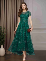 A-Line/Princess Scoop Neck Short Sleeves Asymmetrical Mother of the Bride Dresses with Lace Appliques & Sequins