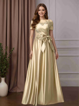 A-Line/Princess Scoop Neck Short Sleeves Floor-Length Mother of the Bride Dresses with Ruffles, Bowknot & Lace Appliques