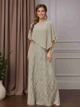 A-Line/Princess Scoop Neck Short Sleeves Floor-Length Mother of the Bride Dresses with Cape, Appliques & Sequins