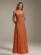 Free Shipping A-Line/Princess Spaghetti Strap Sleeveless Floor-Length Floral Lace Long Bridesmaid Dresses