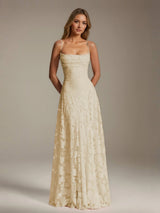 Free Shipping A-Line/Princess Spaghetti Strap Sleeveless Floor-Length Floral Lace Long Bridesmaid Dresses