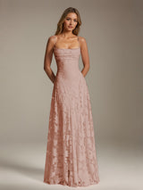 Free Shipping A-Line/Princess Spaghetti Strap Sleeveless Floor-Length Floral Lace Long Bridesmaid Dresses