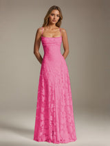 Free Shipping A-Line/Princess Spaghetti Strap Sleeveless Floor-Length Floral Lace Long Bridesmaid Dresses