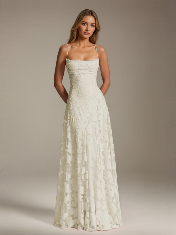 Ivory Free Shipping A-Line/Princess Spaghetti Strap Sleeveless Floor-Length Floral Lace Long Bridesmaid Dresses