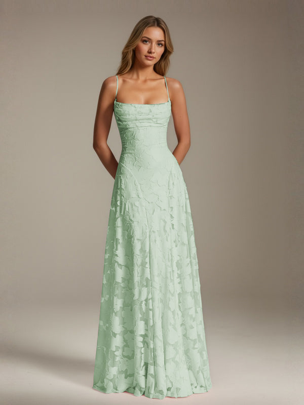 Mint Green Free Shipping A-Line/Princess Spaghetti Strap Sleeveless Floor-Length Floral Lace Long Bridesmaid Dresses