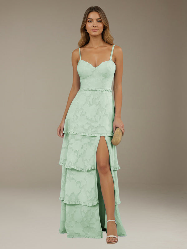 Mint Green Free Shipping A-Line/Princess Spaghetti Strap Sleeveless Floor-Length Floral Lace Long Bridesmaid Dresses with