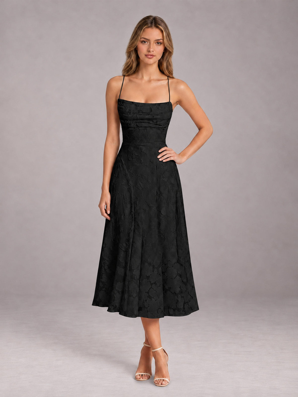 Black A-Line/Princess Spaghetti Strap Sleeveless Floral Lace Tea-Length Bridesmaid Dress