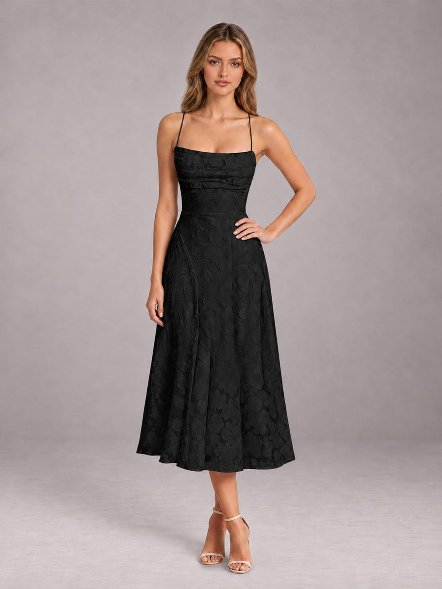 Black A-Line/Princess Spaghetti Strap Sleeveless Floral Lace Tea-Length Bridesmaid Dress