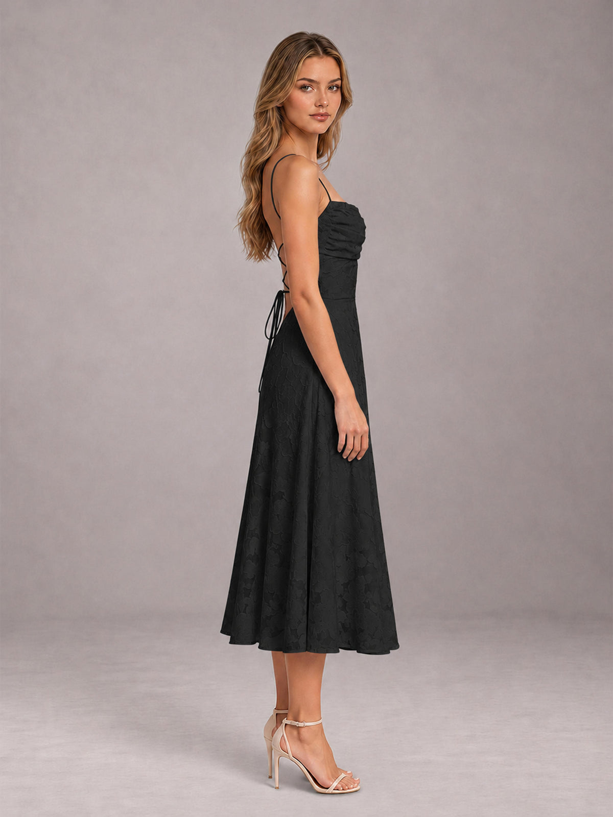 Black A-Line/Princess Spaghetti Strap Sleeveless Floral Lace Tea-Length Bridesmaid Dress