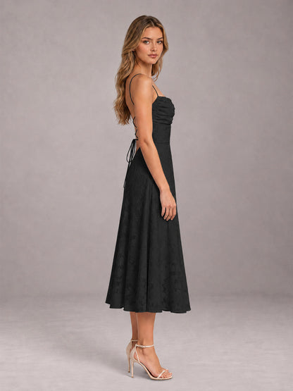 Black A-Line/Princess Spaghetti Strap Sleeveless Floral Lace Tea-Length Bridesmaid Dress