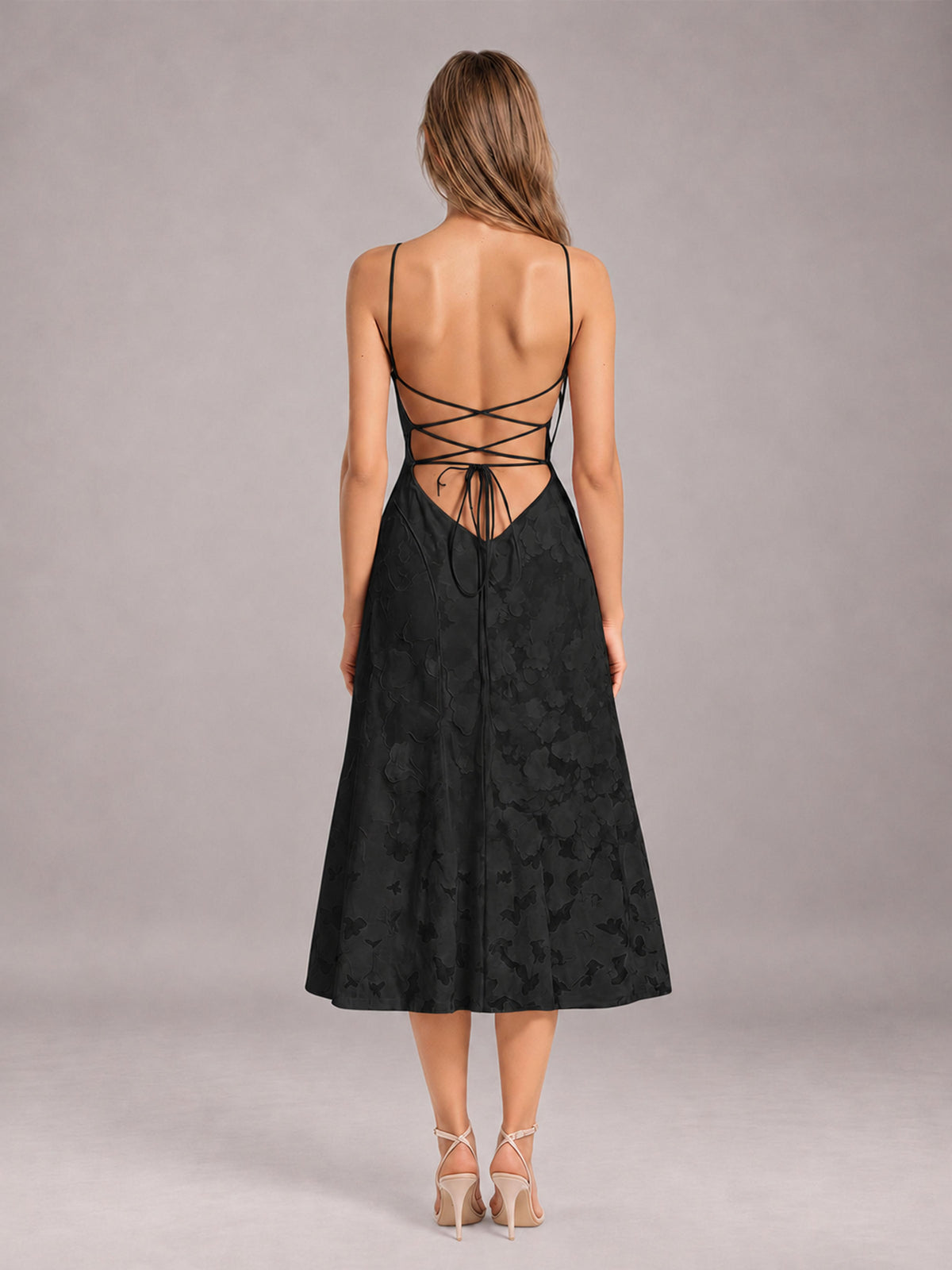 Black A-Line/Princess Spaghetti Strap Sleeveless Floral Lace Tea-Length Bridesmaid Dress