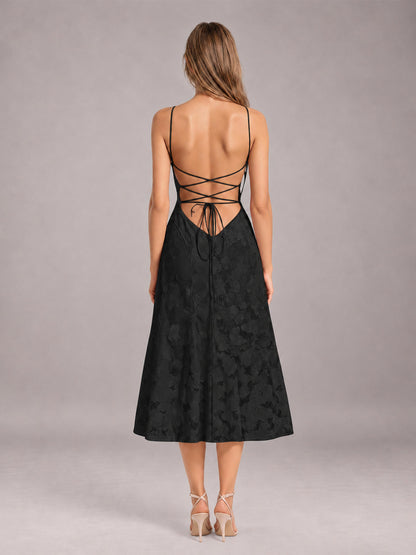Black A-Line/Princess Spaghetti Strap Sleeveless Floral Lace Tea-Length Bridesmaid Dress