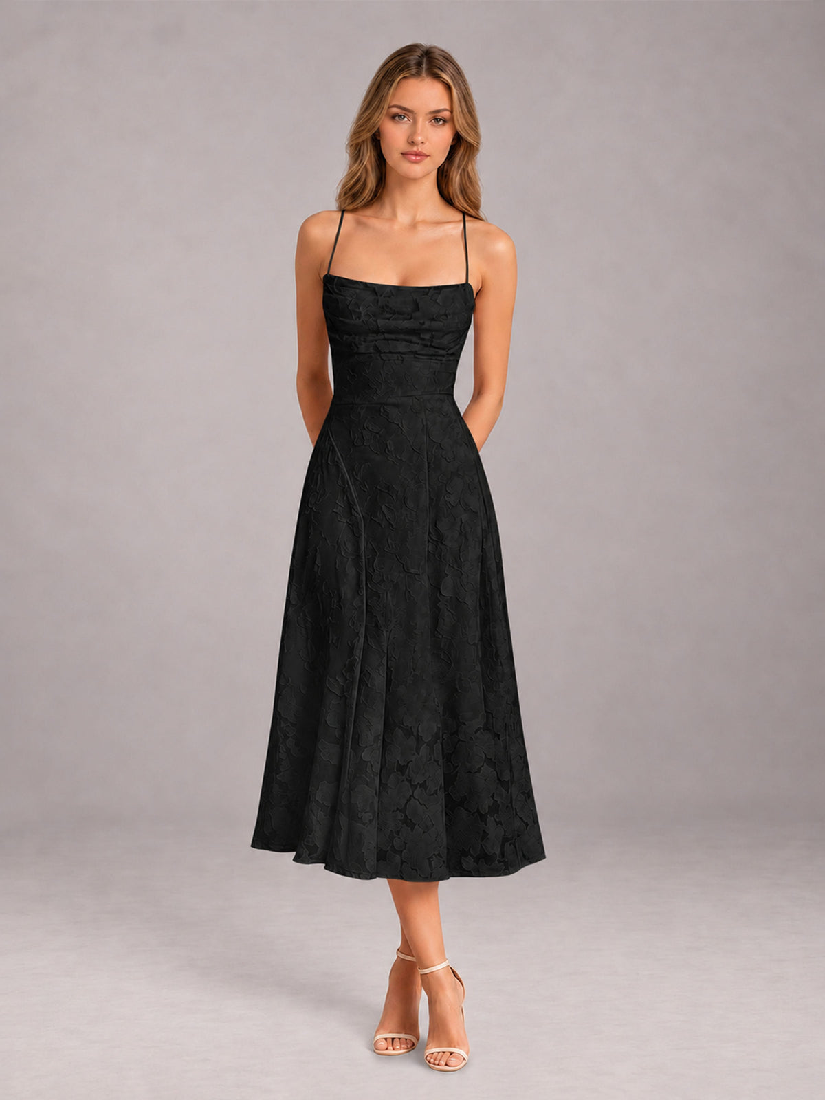 Black A-Line/Princess Spaghetti Strap Sleeveless Floral Lace Tea-Length Bridesmaid Dress