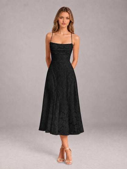 Black A-Line/Princess Spaghetti Strap Sleeveless Floral Lace Tea-Length Bridesmaid Dress