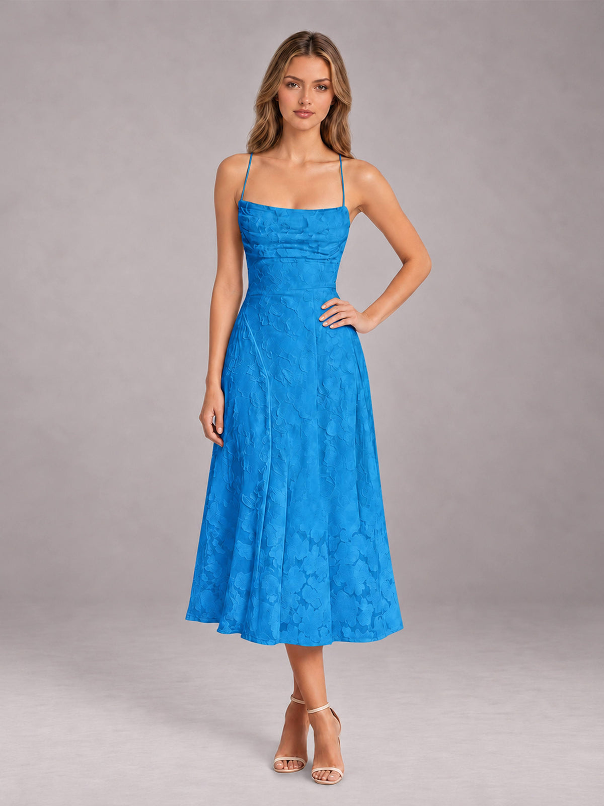 Blue A-Line/Princess Spaghetti Strap Sleeveless Floral Lace Tea-Length Bridesmaid Dress