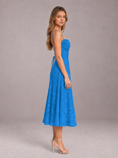 Blue A-Line/Princess Spaghetti Strap Sleeveless Floral Lace Tea-Length Bridesmaid Dress