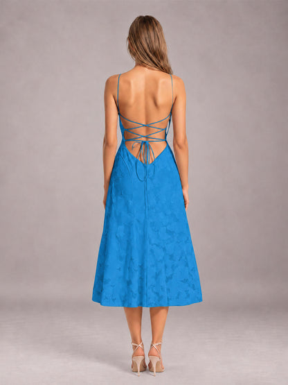 Blue A-Line/Princess Spaghetti Strap Sleeveless Floral Lace Tea-Length Bridesmaid Dress