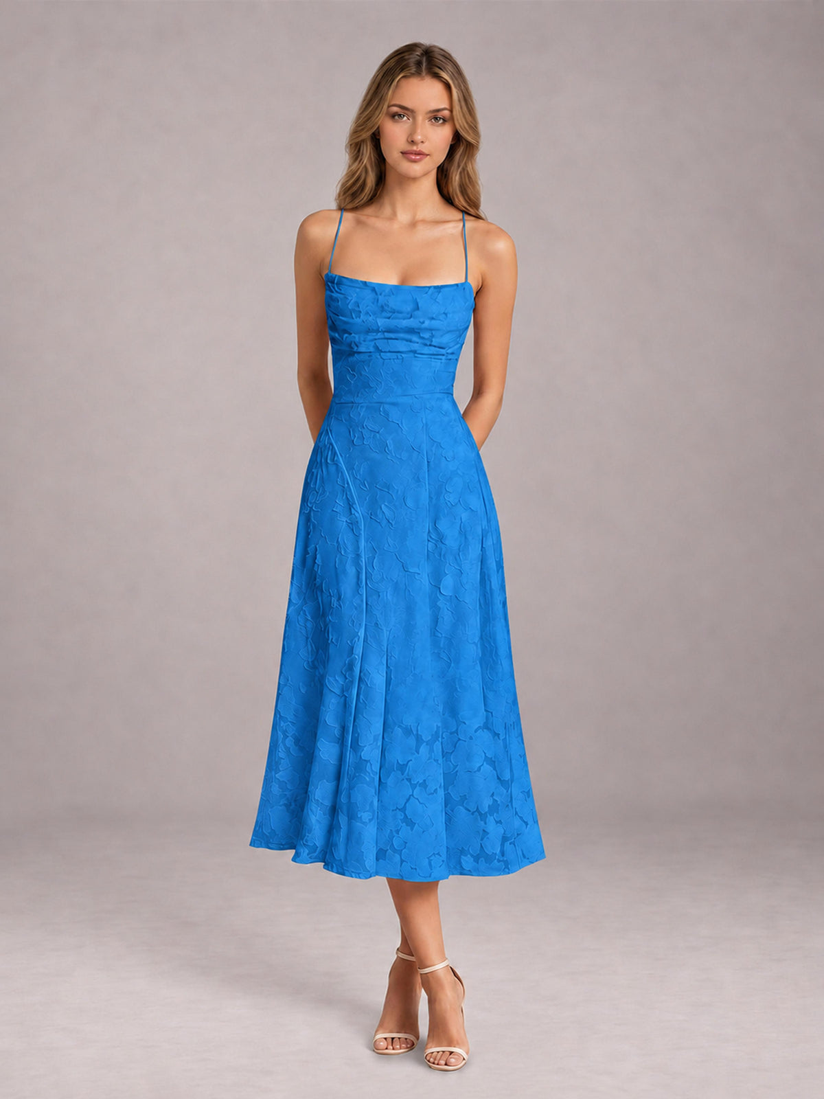 Blue A-Line/Princess Spaghetti Strap Sleeveless Floral Lace Tea-Length Bridesmaid Dress