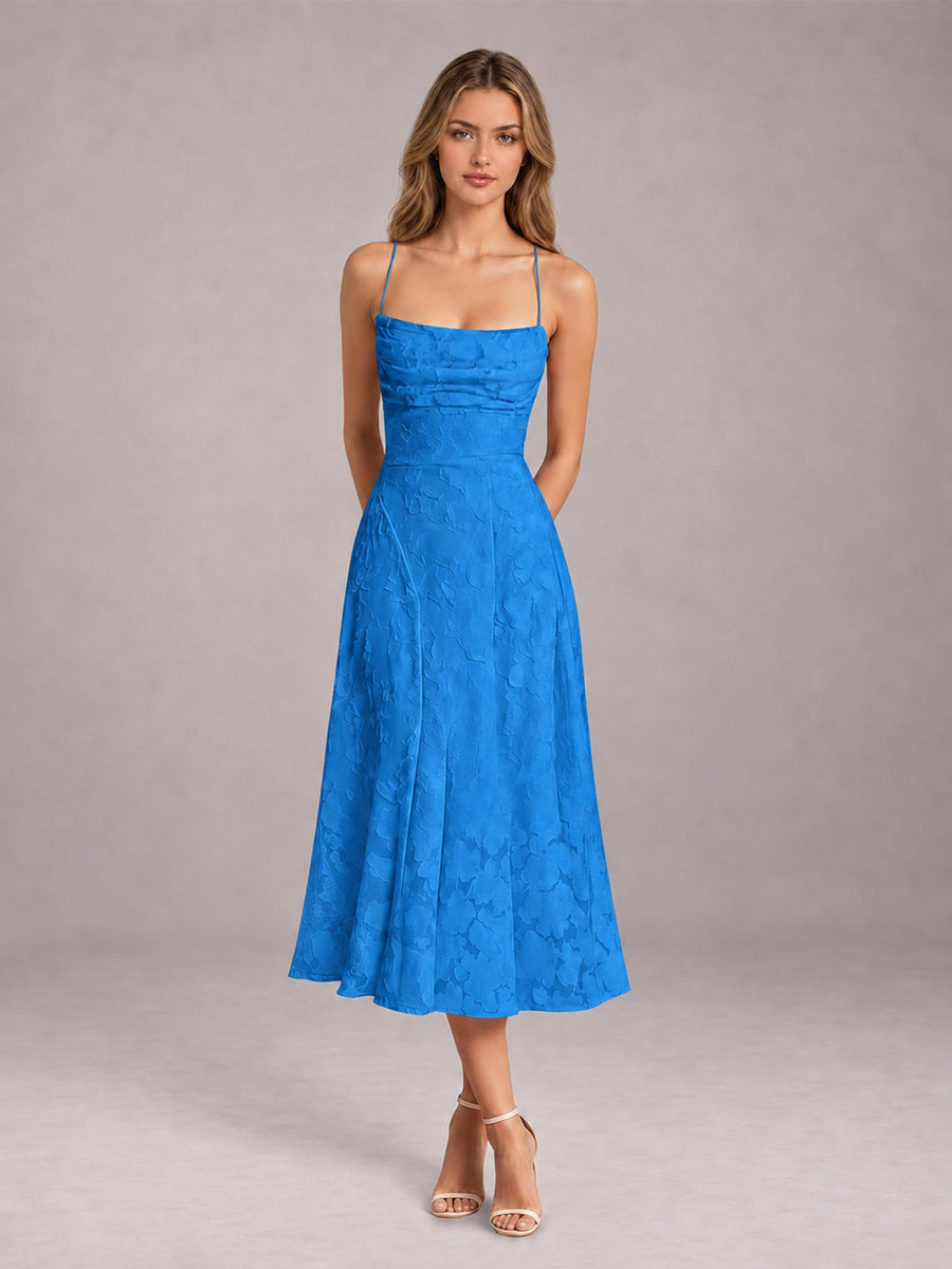 Blue A-Line/Princess Spaghetti Strap Sleeveless Floral Lace Tea-Length Bridesmaid Dress