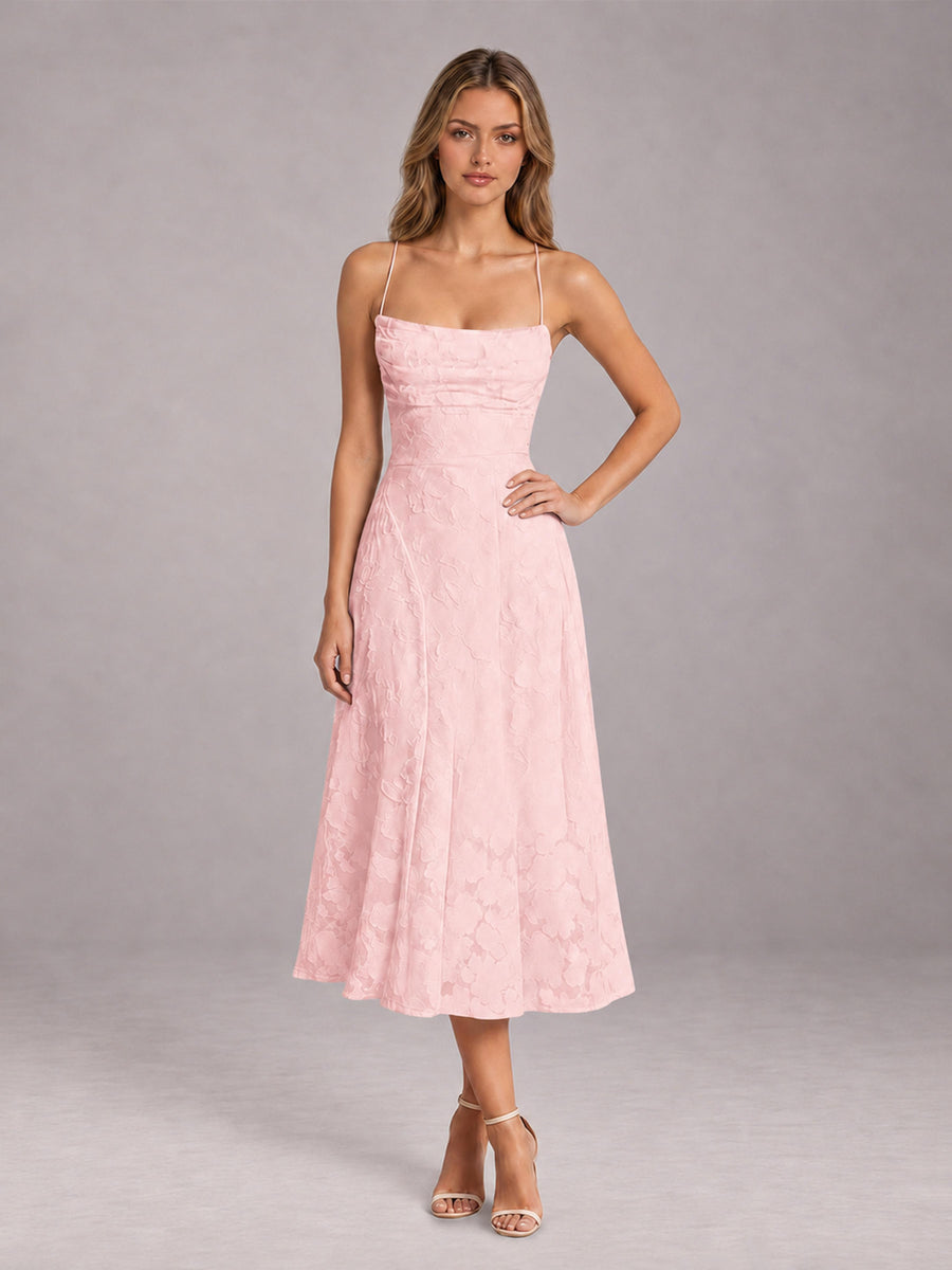 Blush Pink A-Line/Princess Spaghetti Strap Sleeveless Floral Lace Tea-Length Bridesmaid Dress