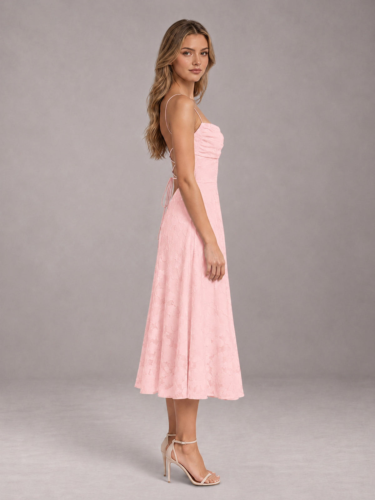 Blush Pink A-Line/Princess Spaghetti Strap Sleeveless Floral Lace Tea-Length Bridesmaid Dress