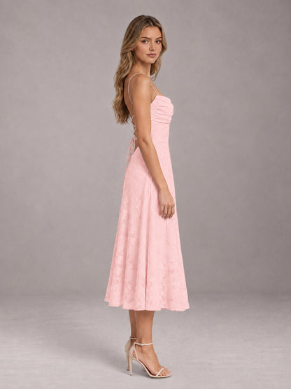 Blush Pink A-Line/Princess Spaghetti Strap Sleeveless Floral Lace Tea-Length Bridesmaid Dress