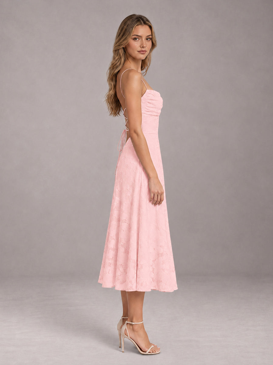 Blush Pink A-Line/Princess Spaghetti Strap Sleeveless Floral Lace Tea-Length Bridesmaid Dress