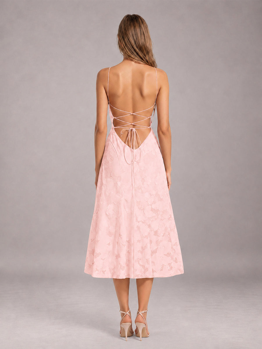 Blush Pink A-Line/Princess Spaghetti Strap Sleeveless Floral Lace Tea-Length Bridesmaid Dress