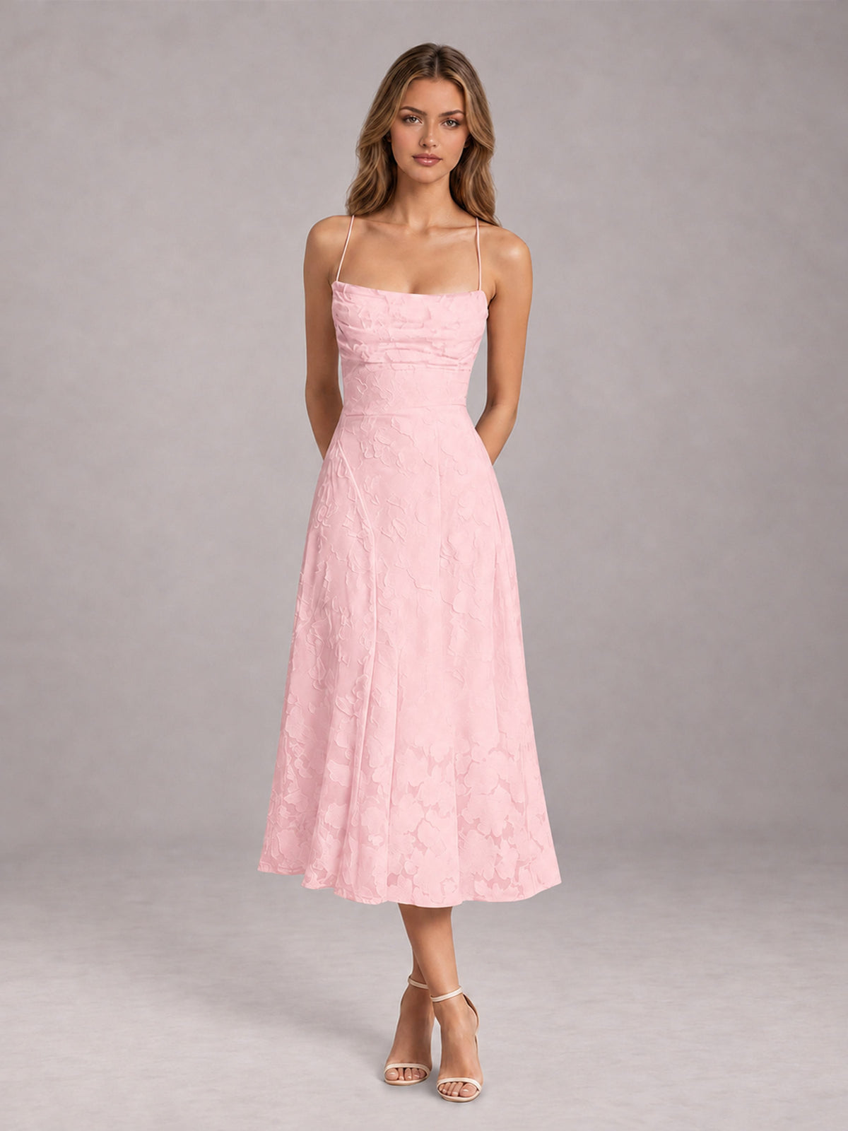 Blush Pink A-Line/Princess Spaghetti Strap Sleeveless Floral Lace Tea-Length Bridesmaid Dress